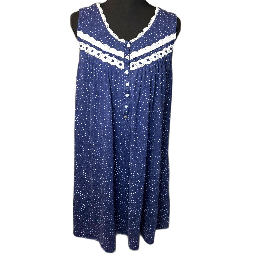 Eileen West Women's Modal Jersey Nightgown Size Large Navy with white polka dots
